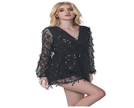 CHIC DIARY Women's Sparkly Sexy Flowing Sequin Summer Beach Party Romper Jumpsuit Shorts Long Sleeve Bodysuit